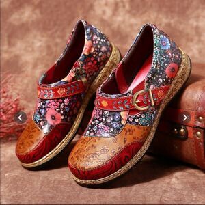 NEW SOCOFY Women's Sz 11 Red Leather Retro Floral Mary Jane Red Loafer Shoes